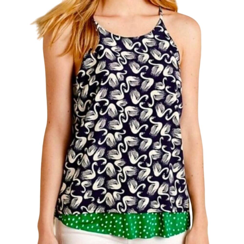 Anthropologie Porridge Green & Blue Swan Spaghetti Strap Blouse - Size M